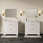 Meuble-lavabo de salle de bain moderne cannelé avec lavabo en céramique intégré, armoire de rangement autoportante avec 3 tiroirs pour salle de bain contemporaine.