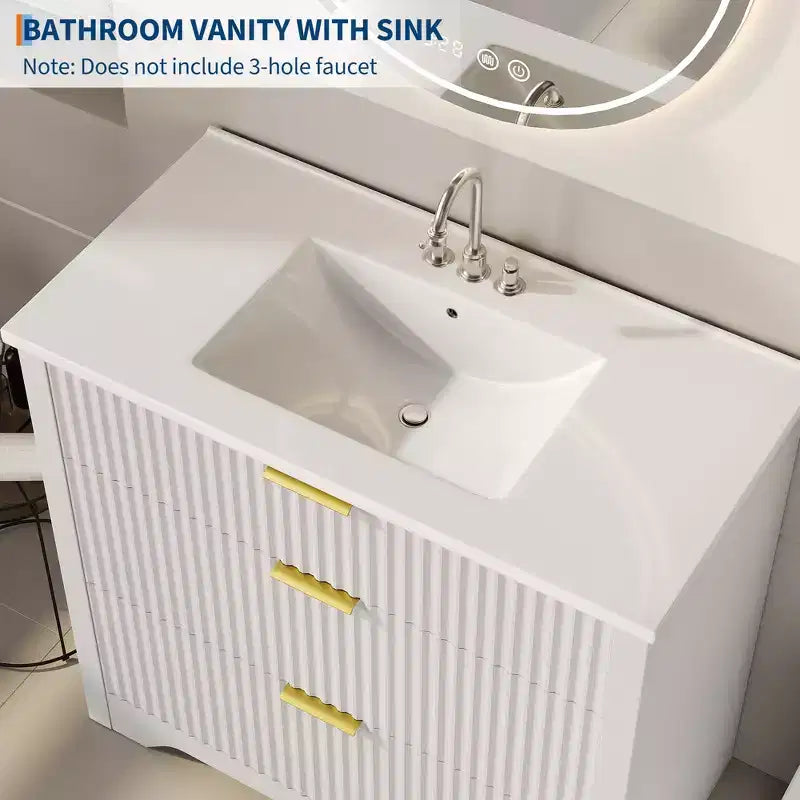 Meuble-lavabo de salle de bain moderne cannelé avec lavabo en céramique intégré, armoire de rangement autoportante avec 3 tiroirs pour salle de bain contemporaine.