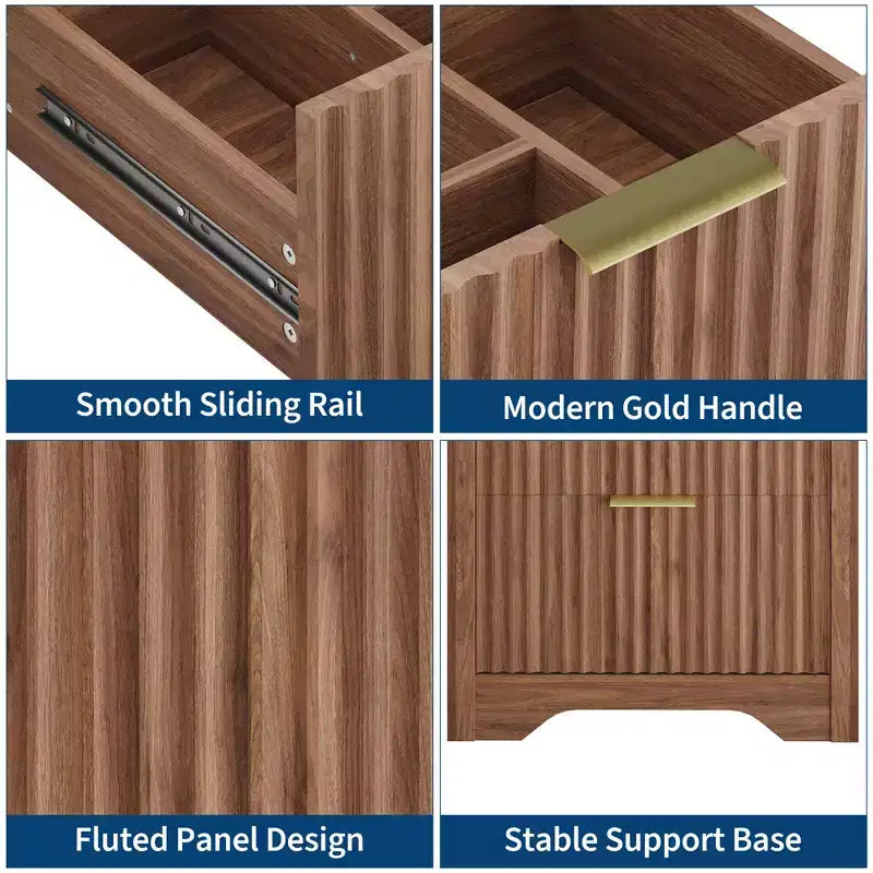 Meuble-lavabo de salle de bain moderne cannelé avec lavabo en céramique intégré, armoire de rangement autoportante avec 3 tiroirs pour salle de bain contemporaine.