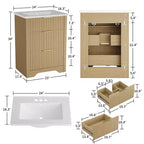 Meuble-lavabo de salle de bain moderne cannelé avec lavabo en céramique intégré, armoire de rangement autoportante avec 3 tiroirs pour salle de bain contemporaine.