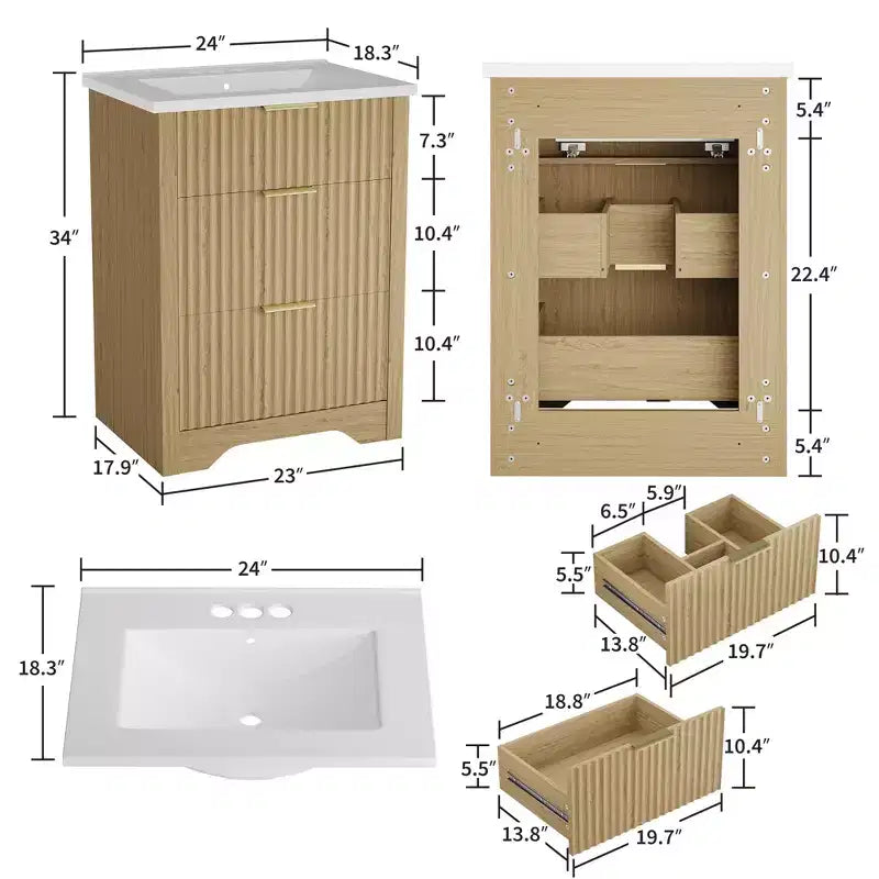 Meuble-lavabo de salle de bain moderne cannelé avec lavabo en céramique intégré, armoire de rangement autoportante avec 3 tiroirs pour salle de bain contemporaine.