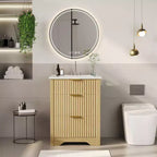 Meuble-lavabo de salle de bain moderne cannelé avec lavabo en céramique intégré, armoire de rangement autoportante avec 3 tiroirs pour salle de bain contemporaine.
