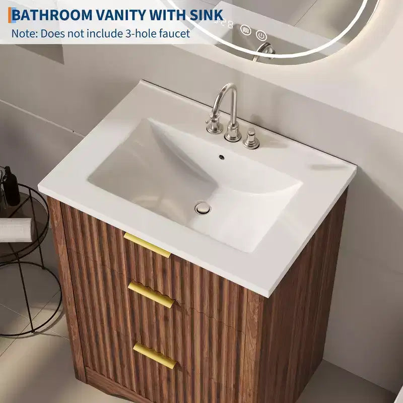 Meuble-lavabo de salle de bain moderne cannelé avec lavabo en céramique intégré, armoire de rangement autoportante avec 3 tiroirs pour salle de bain contemporaine.