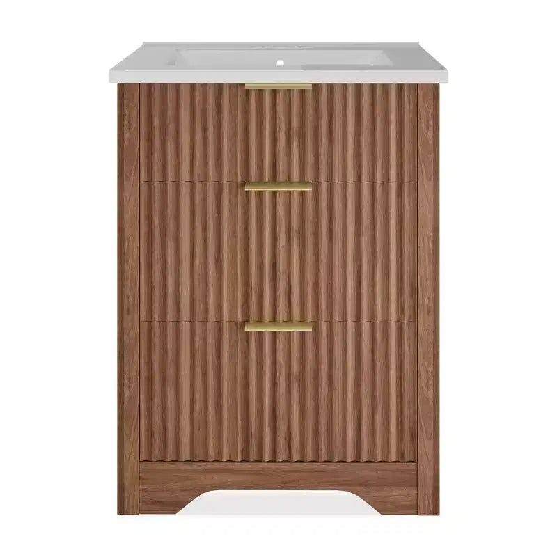 Meuble-lavabo de salle de bain moderne cannelé avec lavabo en céramique intégré, armoire de rangement autoportante avec 3 tiroirs pour salle de bain contemporaine.