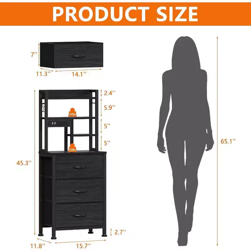 Qwatto Table de chevet de 115 cm de haut avec station de recharge USB et lumière, 3 tiroirs en tissu, table de nuit, étagère pour petite chambre à coucher, dortoir, finition noire