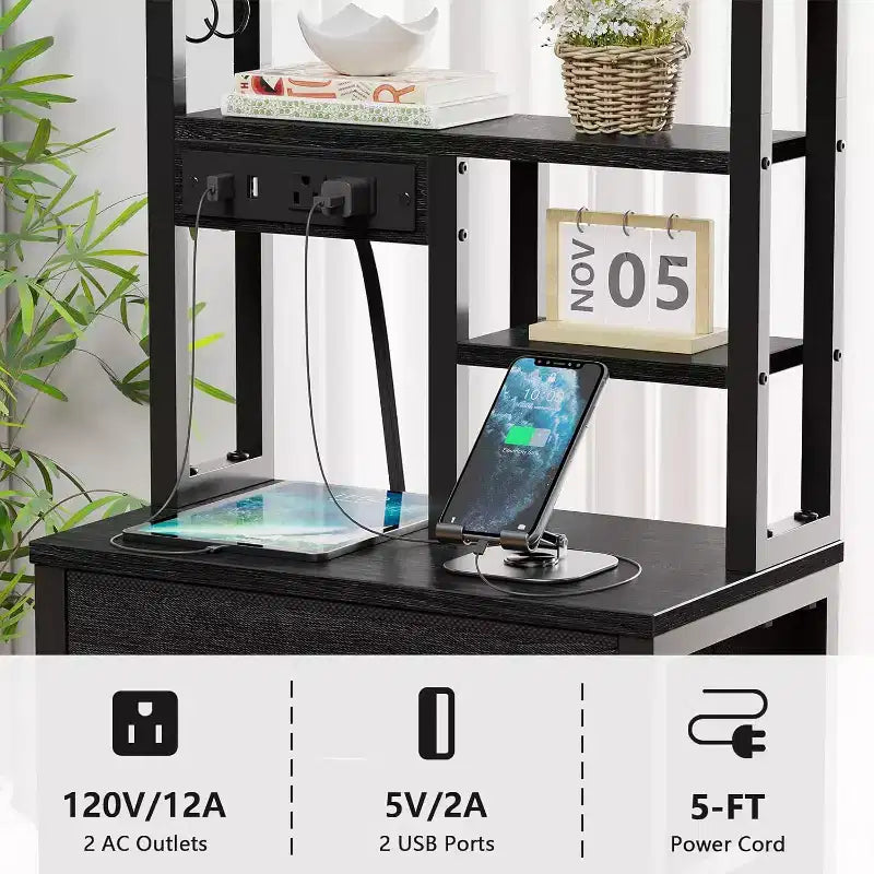 Qwatto Table de chevet de 115 cm de haut avec station de recharge USB et lumière, 3 tiroirs en tissu, table de nuit, étagère pour petite chambre à coucher, dortoir, finition noire