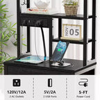 Qwatto Table de chevet de 115 cm de haut avec station de recharge USB et lumière, 3 tiroirs en tissu, table de nuit, étagère pour petite chambre à coucher, dortoir, finition noire