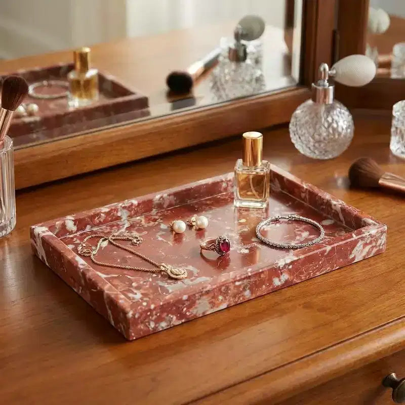 Élégant plateau de rangement à bijoux en marbre naturel, cadeau fête des mères, plateau en marbre véritable pour coiffeuse, salle de bain, décoration intérieure