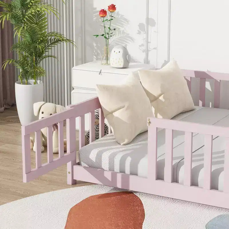 Lit Sailvan complet avec clôture et porte, lit plateforme pour enfants en bois massif