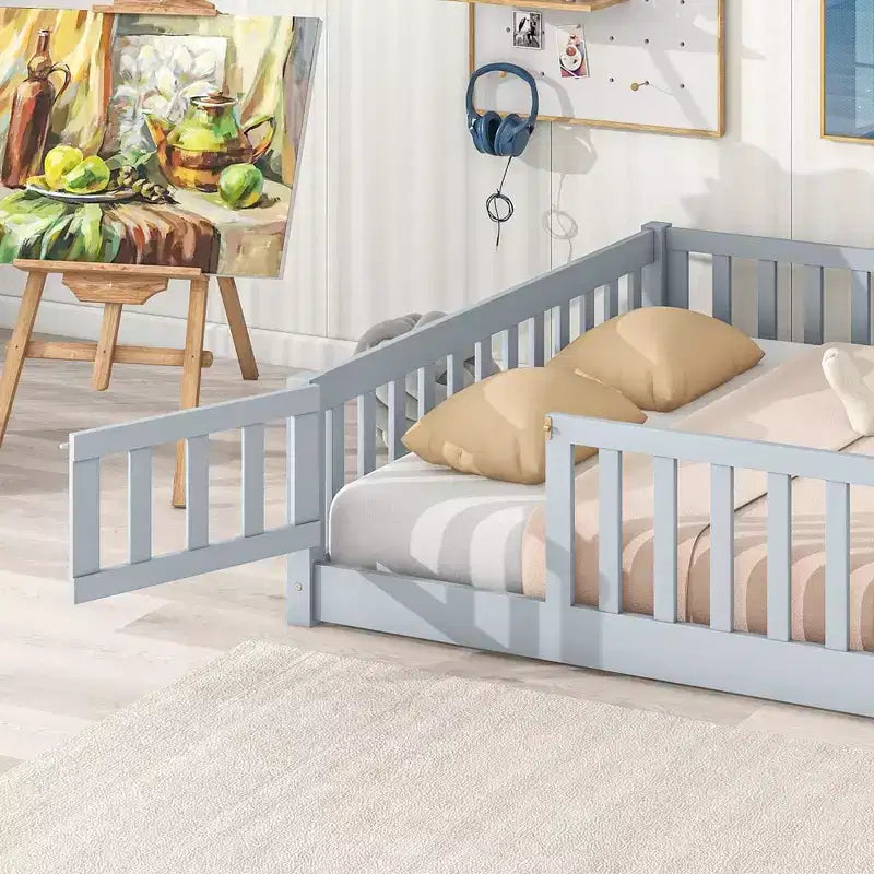 Lit Sailvan complet avec clôture et porte, lit plateforme pour enfants en bois massif