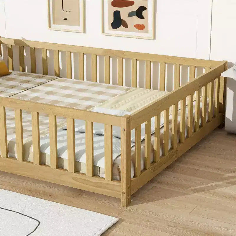 Lit Sailvan complet avec clôture et porte, lit plateforme pour enfants en bois massif