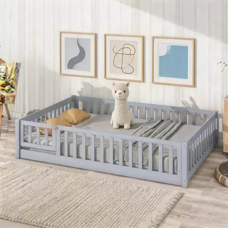 Lit Sailvan complet avec clôture et porte, lit plateforme pour enfants en bois massif