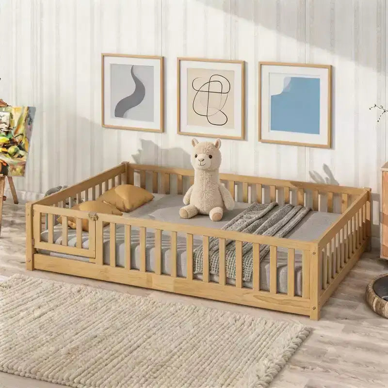 Lit Sailvan complet avec clôture et porte, lit plateforme pour enfants en bois massif