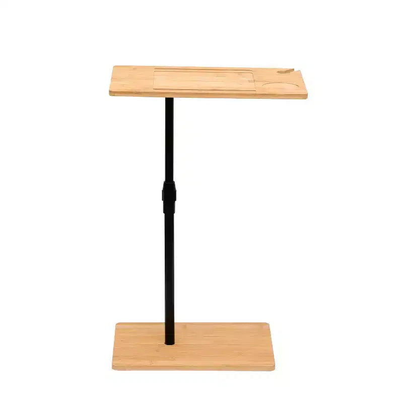 Table d'appoint en bambou en forme de C réglable en hauteur, table de canapé rectangulaire à 2 niveaux avec fente pour téléphone et porte-verre à vin