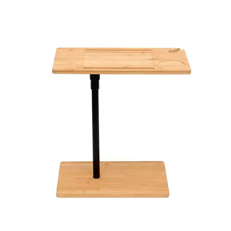 Table d'appoint en bambou en forme de C réglable en hauteur, table de canapé rectangulaire à 2 niveaux avec fente pour téléphone et porte-verre à vin