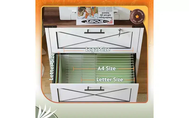 DEXYLLO Classeur à Tiroirs Latéraux avec Serrure, 2 Tiroirs et Station de Recharge, Meuble d'Imprimante en Bois de Ferme avec Grand Espace de Rangement