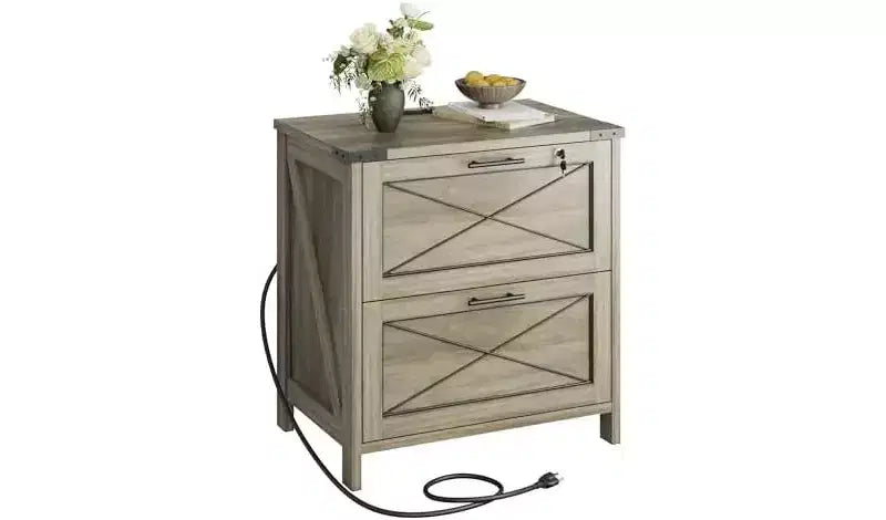DEXYLLO Lateral File Cabinet with Lock, 2 Drawers & Charging Station, Farmhouse Wood Printer Stand with Large Storage