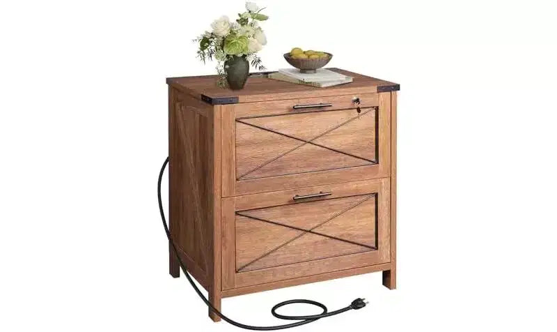 DEXYLLO Classeur à Tiroirs Latéraux avec Serrure, 2 Tiroirs et Station de Recharge, Meuble d'Imprimante en Bois de Ferme avec Grand Espace de Rangement