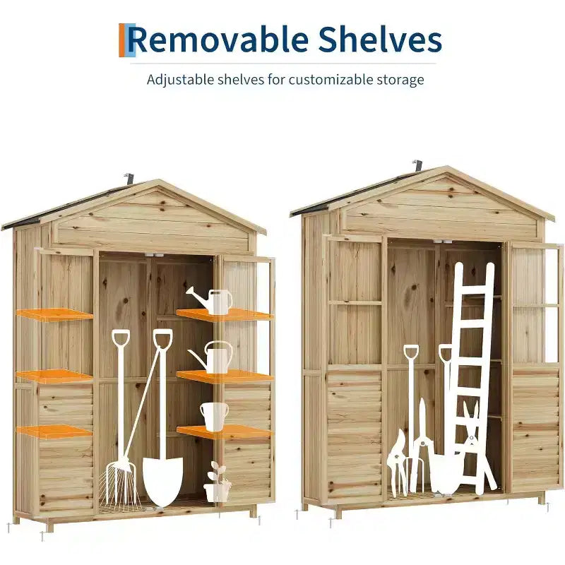 Meuble de rangement de patio en bois résistant aux intempéries, en bois de sapin avec toit étanche, 6 étagères réglables, piquets et kits anti-chute – Idéal pour les outils de jardin