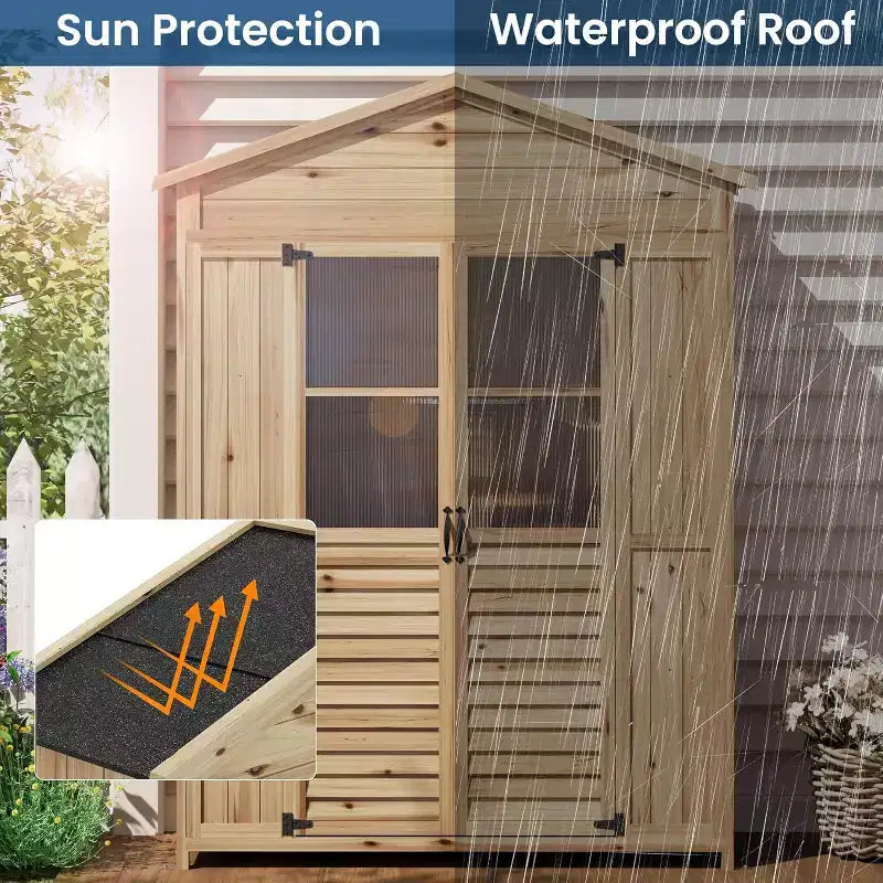 Meuble de rangement de patio en bois résistant aux intempéries, en bois de sapin avec toit étanche, 6 étagères réglables, piquets et kits anti-chute – Idéal pour les outils de jardin