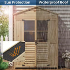 Meuble de rangement de patio en bois résistant aux intempéries, en bois de sapin avec toit étanche, 6 étagères réglables, piquets et kits anti-chute – Idéal pour les outils de jardin