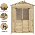 Meuble de rangement de patio en bois résistant aux intempéries, en bois de sapin avec toit étanche, 6 étagères réglables, piquets et kits anti-chute – Idéal pour les outils de jardin