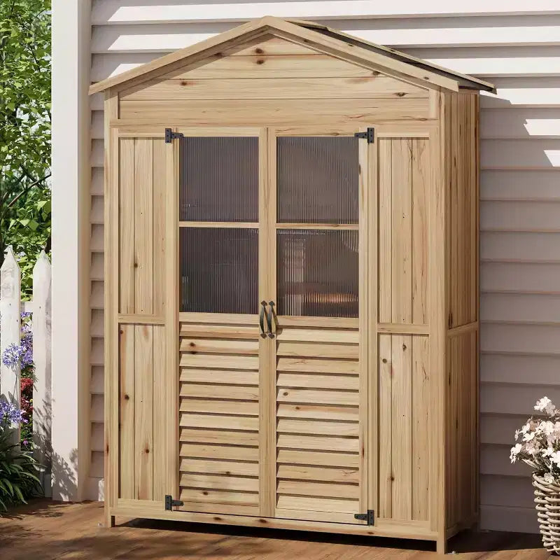Meuble de rangement de patio en bois résistant aux intempéries, en bois de sapin avec toit étanche, 6 étagères réglables, piquets et kits anti-chute – Idéal pour les outils de jardin