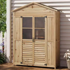 Meuble de rangement de patio en bois résistant aux intempéries, en bois de sapin avec toit étanche, 6 étagères réglables, piquets et kits anti-chute – Idéal pour les outils de jardin