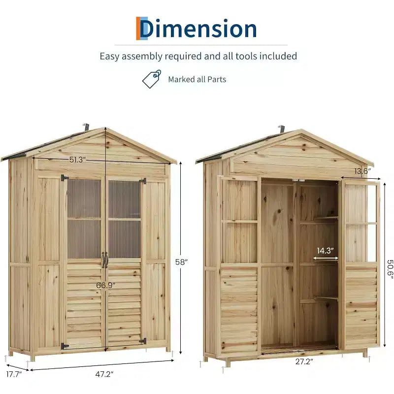 Meuble de rangement de patio en bois résistant aux intempéries, en bois de sapin avec toit étanche, 6 étagères réglables, piquets et kits anti-chute – Idéal pour les outils de jardin