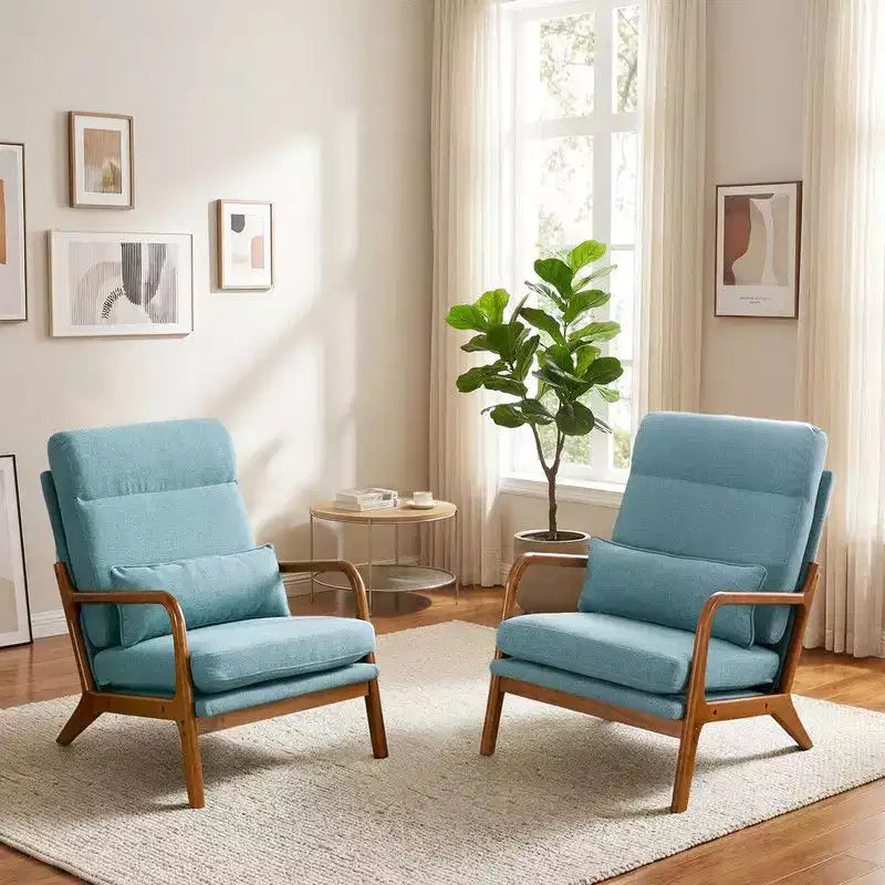 Karl Home Lot de 2 Chaises de Loisirs d'Intérieur en Lin avec Dossier Haut, Accoudoirs en Bois Massif et Cadre en Fer