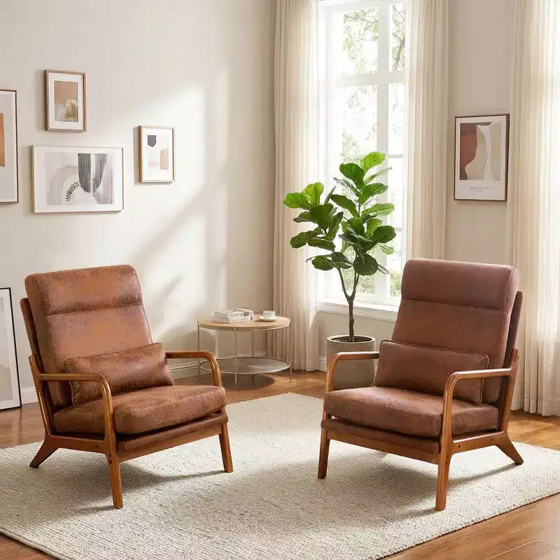 Karl Home Lot de 2 Chaises de Loisirs d'Intérieur en Lin avec Dossier Haut, Accoudoirs en Bois Massif et Cadre en Fer