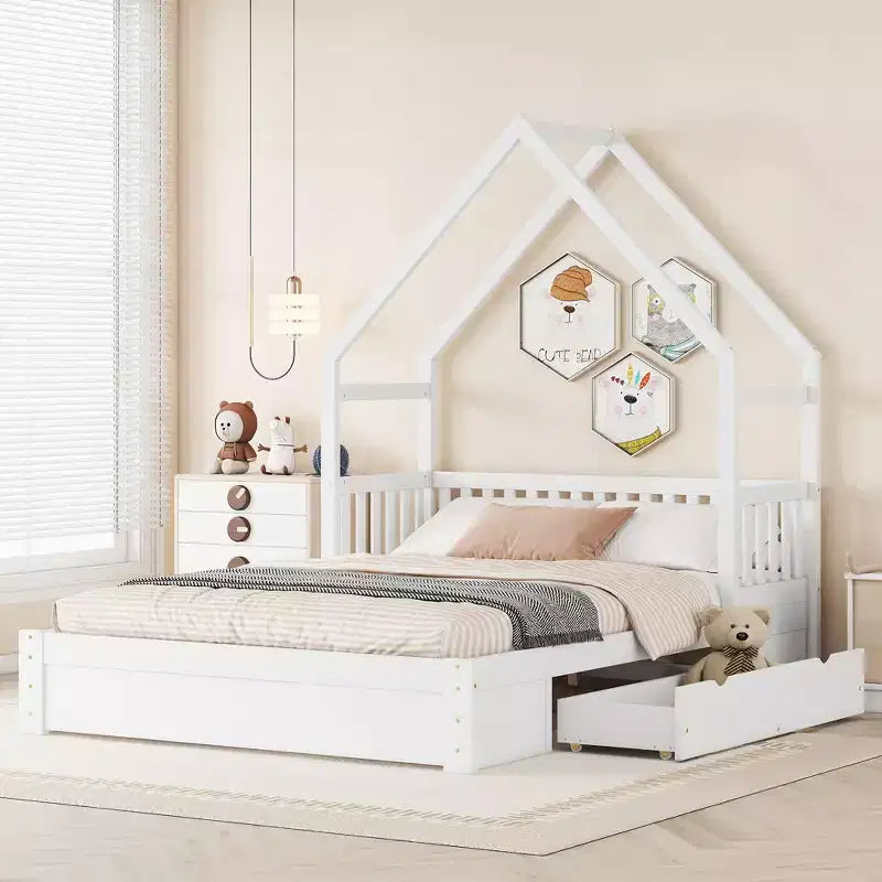 Lit en bois queen size FAMYYT?Avec garde-corps, 2 tiroirs, assemblage facile