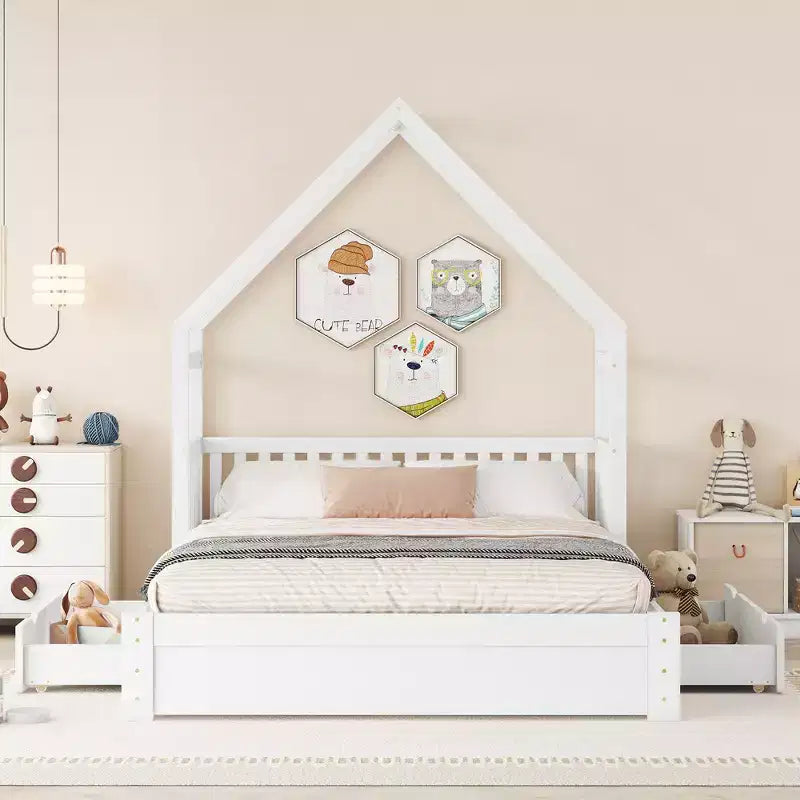 Lit en bois queen size FAMYYT?Avec garde-corps, 2 tiroirs, assemblage facile