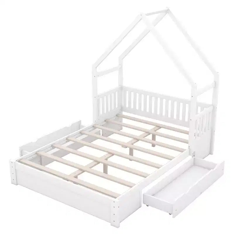 Lit en bois queen size FAMYYT?Avec garde-corps, 2 tiroirs, assemblage facile