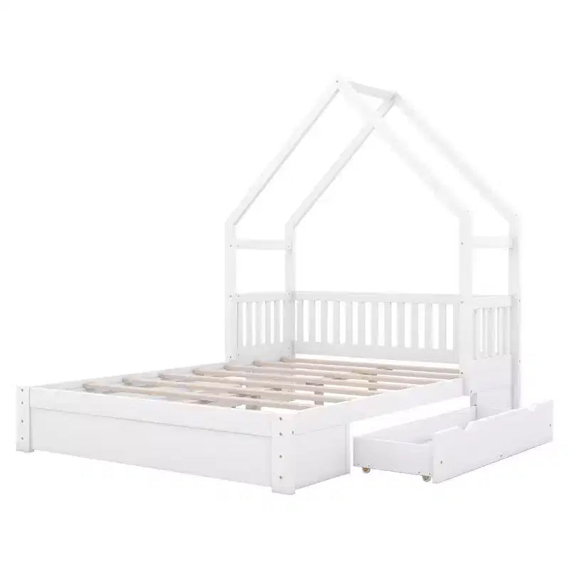Lit en bois queen size FAMYYT?Avec garde-corps, 2 tiroirs, assemblage facile
