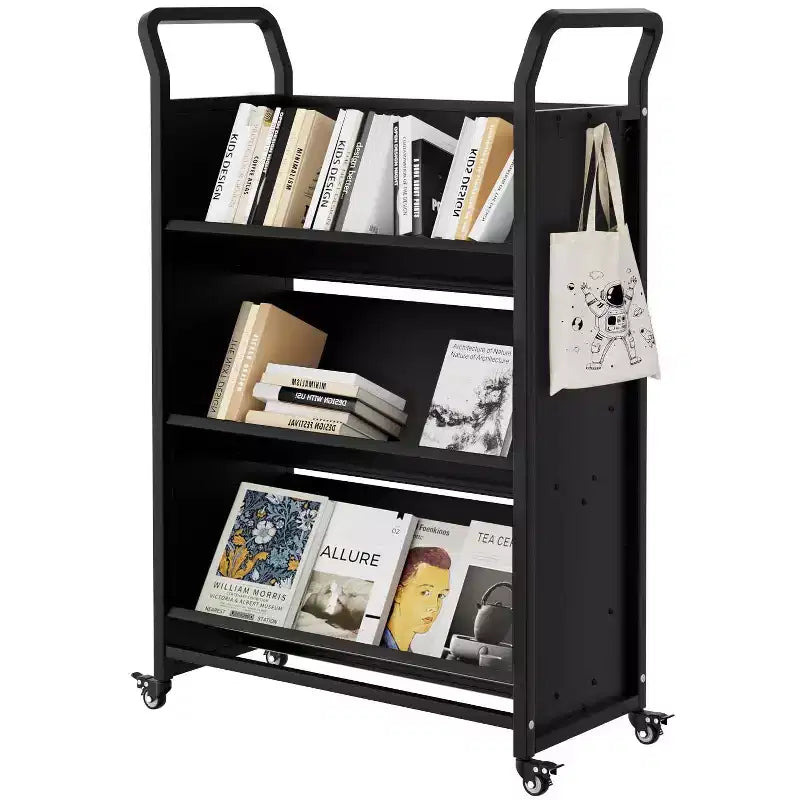 3 Tier Rolling Book Cart,Metal Utility Storage Carts with 4 Lockable Wheels & Side Hooks,Storage Bookshelf for Home Library School Office Study