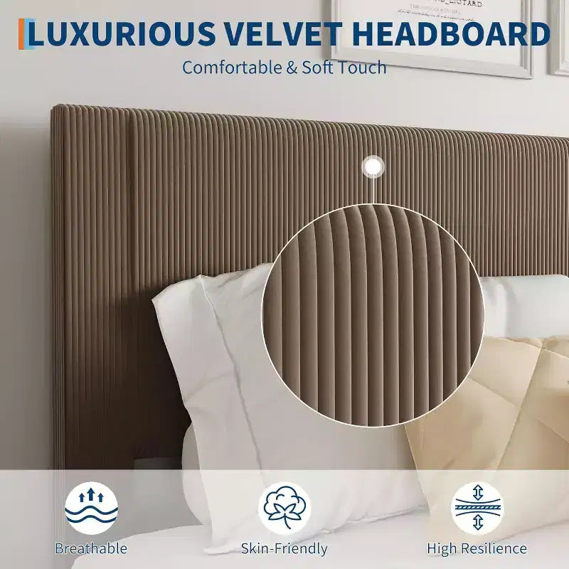 Cadre de lit plateforme GustoWave en velours côtelé doux avec tête de lit rembourrée
