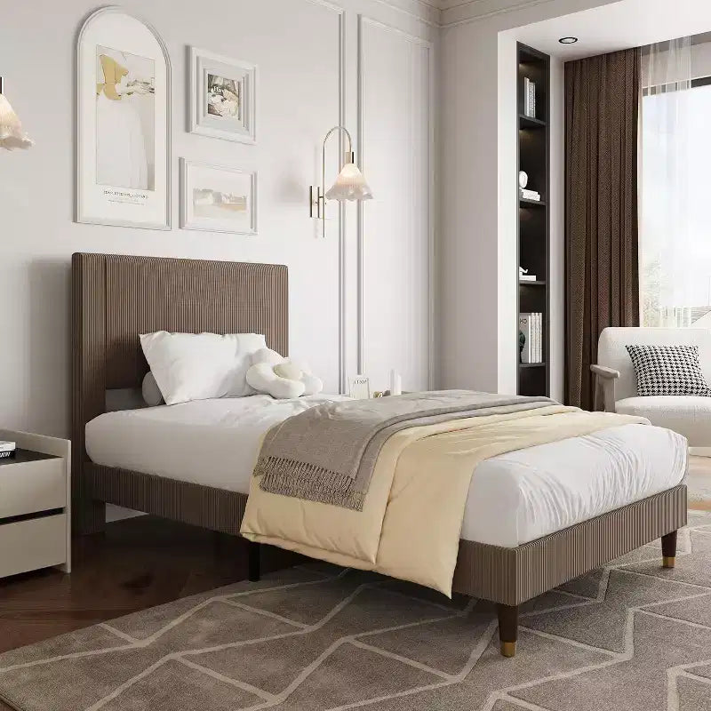 Cadre de lit plateforme GustoWave en velours côtelé doux avec tête de lit rembourrée