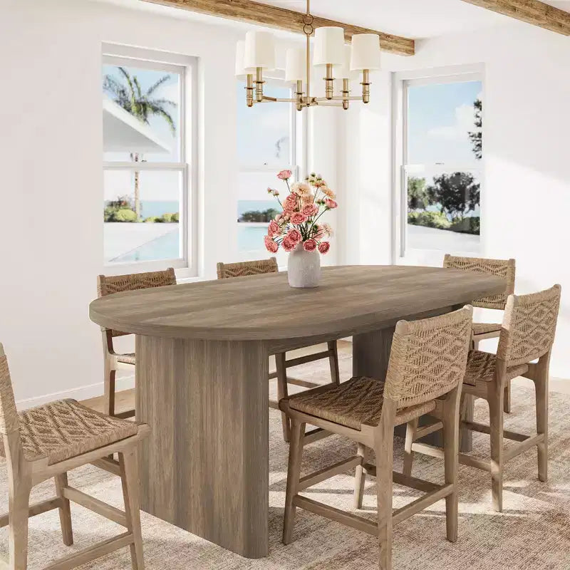 SunnyFurn Table à Manger Ovale Moderne de Style Ferme pour 6 à 8 Personnes Base en Bois Épaisse et Robuste Spacieuse pour Salle à Manger, Cuisine, Salon