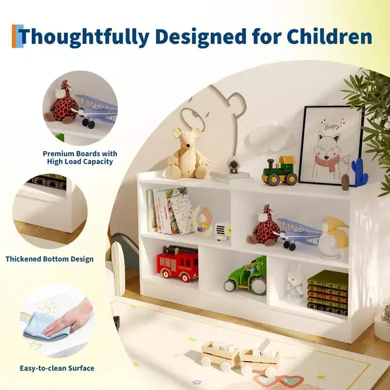 Étagère à livres et meuble de rangement pour jouets à 2 niveaux pour enfants, bibliothèque en bois pour tout-petits avec 5 compartiments de rangement ouverts pour salle de jeux, chambre de bébé et salle de classe