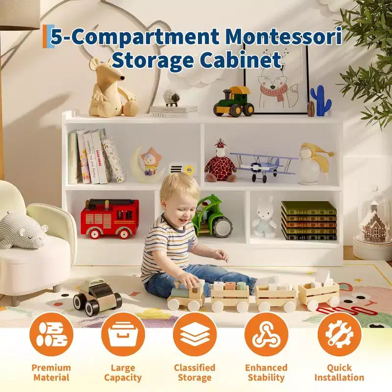 Étagère à livres et meuble de rangement pour jouets à 2 niveaux pour enfants, bibliothèque en bois pour tout-petits avec 5 compartiments de rangement ouverts pour salle de jeux, chambre de bébé et salle de classe