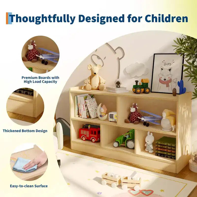 Étagère à livres et meuble de rangement pour jouets à 2 niveaux pour enfants, bibliothèque en bois pour tout-petits avec 5 compartiments de rangement ouverts pour salle de jeux, chambre de bébé et salle de classe