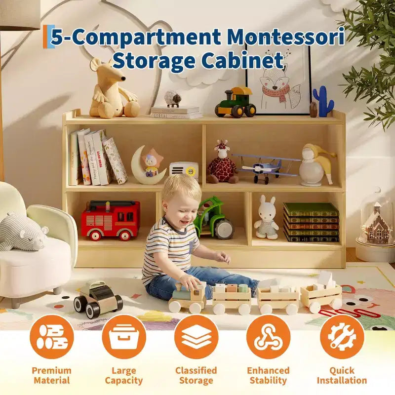 Étagère à livres et meuble de rangement pour jouets à 2 niveaux pour enfants, bibliothèque en bois pour tout-petits avec 5 compartiments de rangement ouverts pour salle de jeux, chambre de bébé et salle de classe
