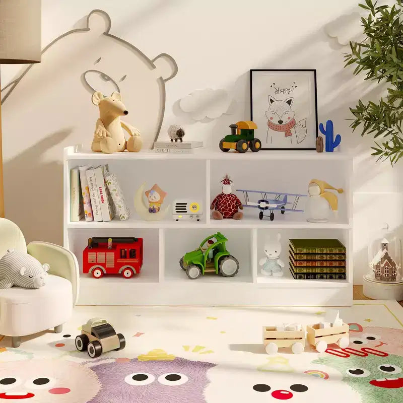 Étagère à livres et meuble de rangement pour jouets à 2 niveaux pour enfants, bibliothèque en bois pour tout-petits avec 5 compartiments de rangement ouverts pour salle de jeux, chambre de bébé et salle de classe