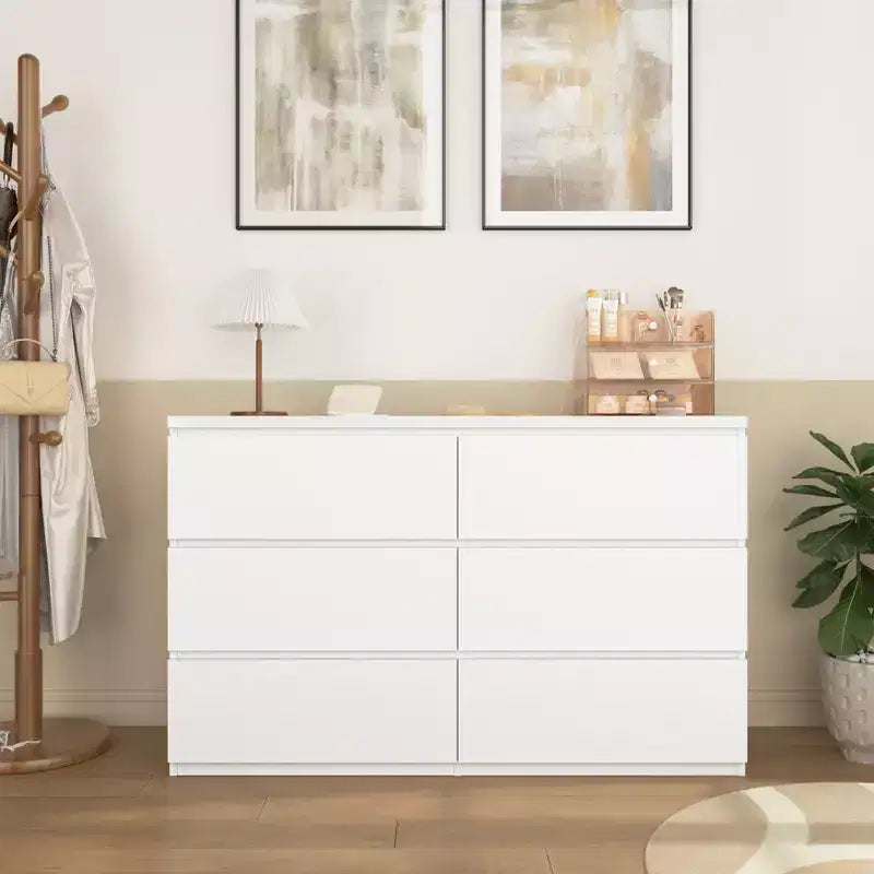 JVNOXK White 6-Drawer Wide Storage Dresser, Modern Wood Clothes Organizer for Bedroom, Hallway, Entryway & Living Room