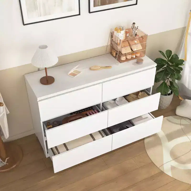 Commode de rangement large à 6 tiroirs JVNOXK blanche, Organiseur de vêtements moderne en bois pour chambre à coucher, couloir, entrée et salon