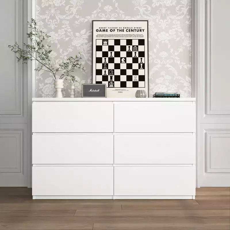 Commode de rangement large à 6 tiroirs JVNOXK blanche, Organiseur de vêtements moderne en bois pour chambre à coucher, couloir, entrée et salon