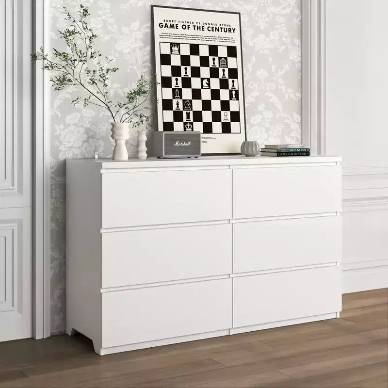 Commode de rangement large à 6 tiroirs JVNOXK blanche, Organiseur de vêtements moderne en bois pour chambre à coucher, couloir, entrée et salon