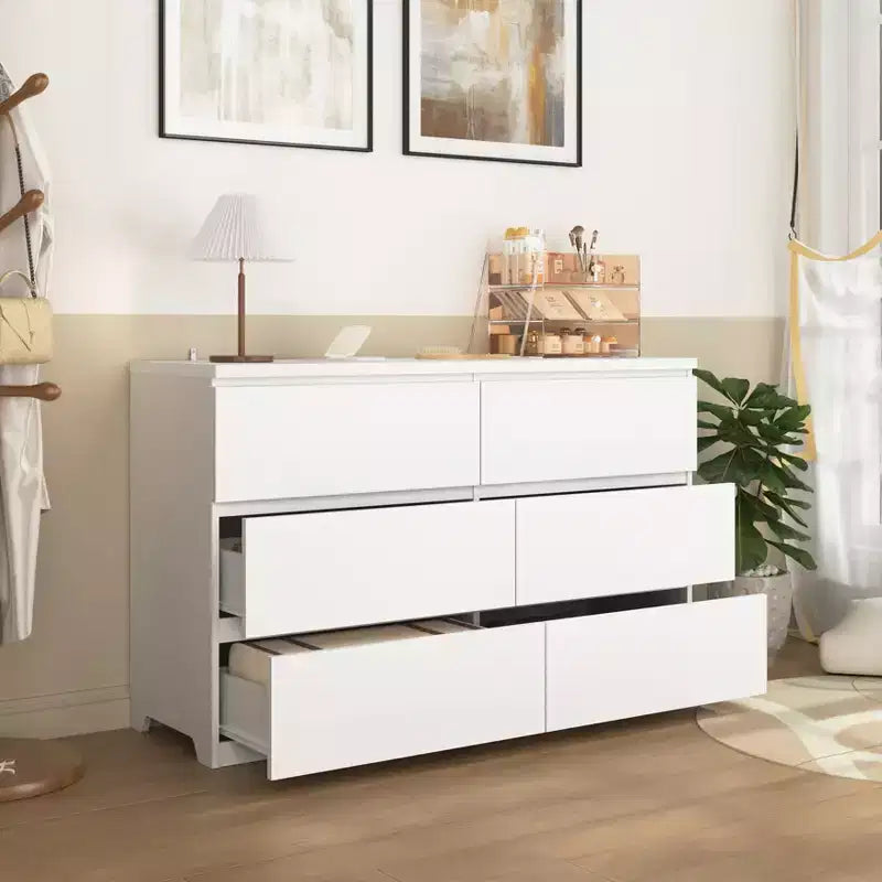 Commode de rangement large à 6 tiroirs JVNOXK blanche, Organiseur de vêtements moderne en bois pour chambre à coucher, couloir, entrée et salon