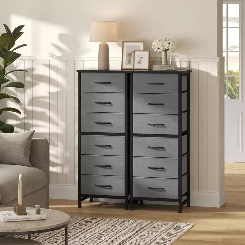 JIONJOY Armoire de rangement étroite à 6 tiroirs avec étagères ouvertes, pour chambre à coucher, salon, bureau, organisation – Tissu gris